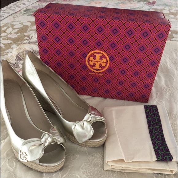 Tory Burch Shoes - Tory Burch Silver Peep-Toe Wedge Shoes